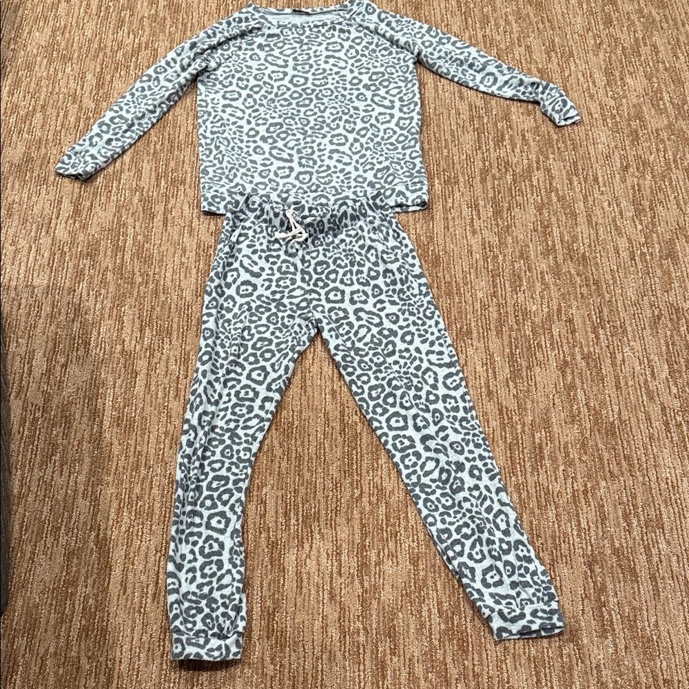 Women's Leopard Print Long-Sleeve Pajama Set - Light Gray